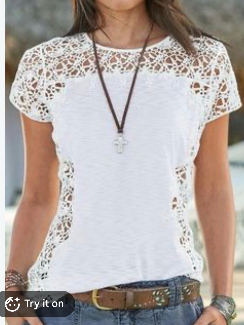 Sundance White Crochet Panel Short Sleeve Top